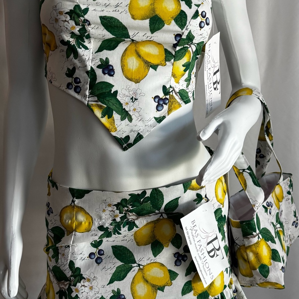 Lemon Print Top and Skirt Set with Bag